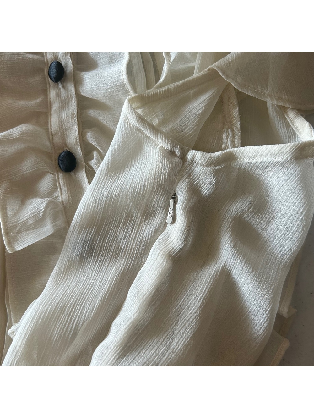 Vintage Dimri Coquette Cream Ruffle Tuxedo Blouse Large Black Satin Sash Belt - Picture 9 of 9